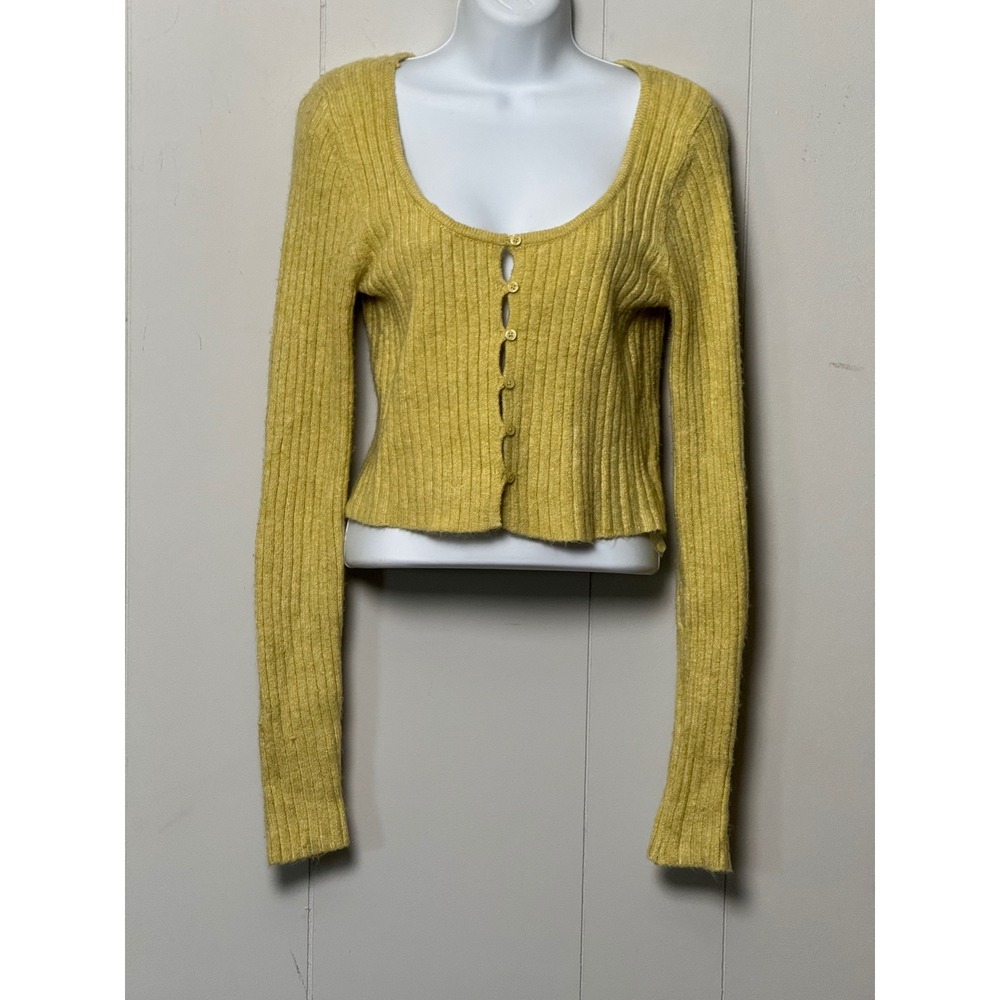 American Eagle Yellow Ribbed Knit Button Front Cropped Cardigan Sweater Size M